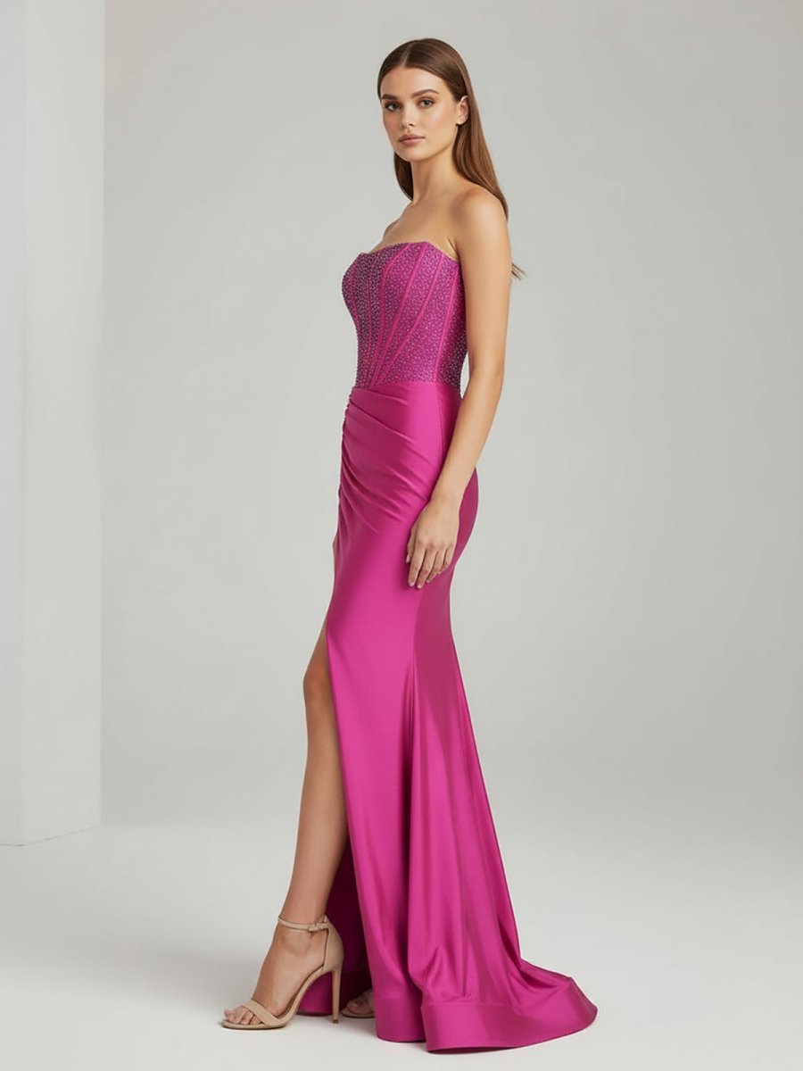 Chime | Fuchsia - Mermaid Strapless Satin Long Prom Dresses With Beading - KissProm