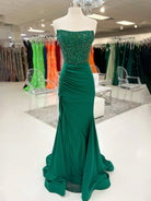 KissProm-Chime Green Mermaid Strapless Satin Long Prom Dresses With Beading