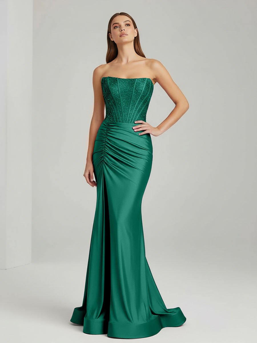 Chime | Green - Mermaid Strapless Satin Long Prom Dresses With Beading - KissProm