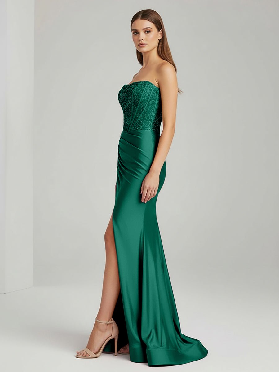 Chime | Green - Mermaid Strapless Satin Long Prom Dresses With Beading - KissProm