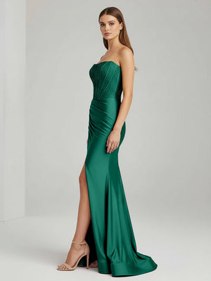 Chime | Green - Mermaid Strapless Satin Long Prom Dresses With Beading - KissProm