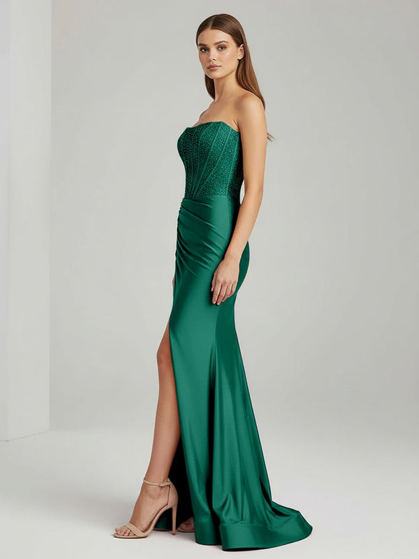 Chime | Green - Mermaid Strapless Satin Long Prom Dresses With Beading - KissProm