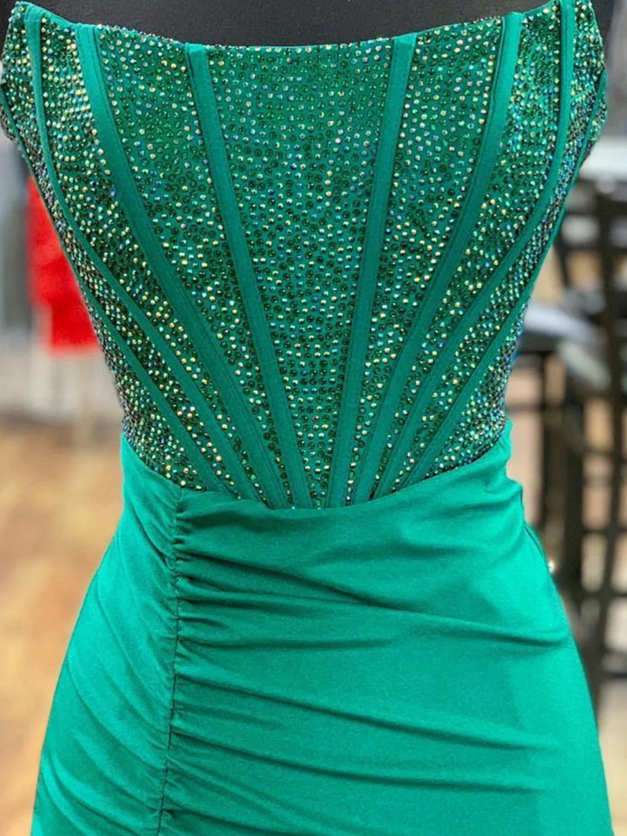 KissProm-Chime Green Mermaid Strapless Satin Long Prom Dresses With Beading
