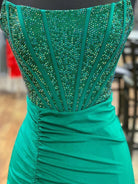 KissProm-Chime Green Mermaid Strapless Satin Long Prom Dresses With Beading