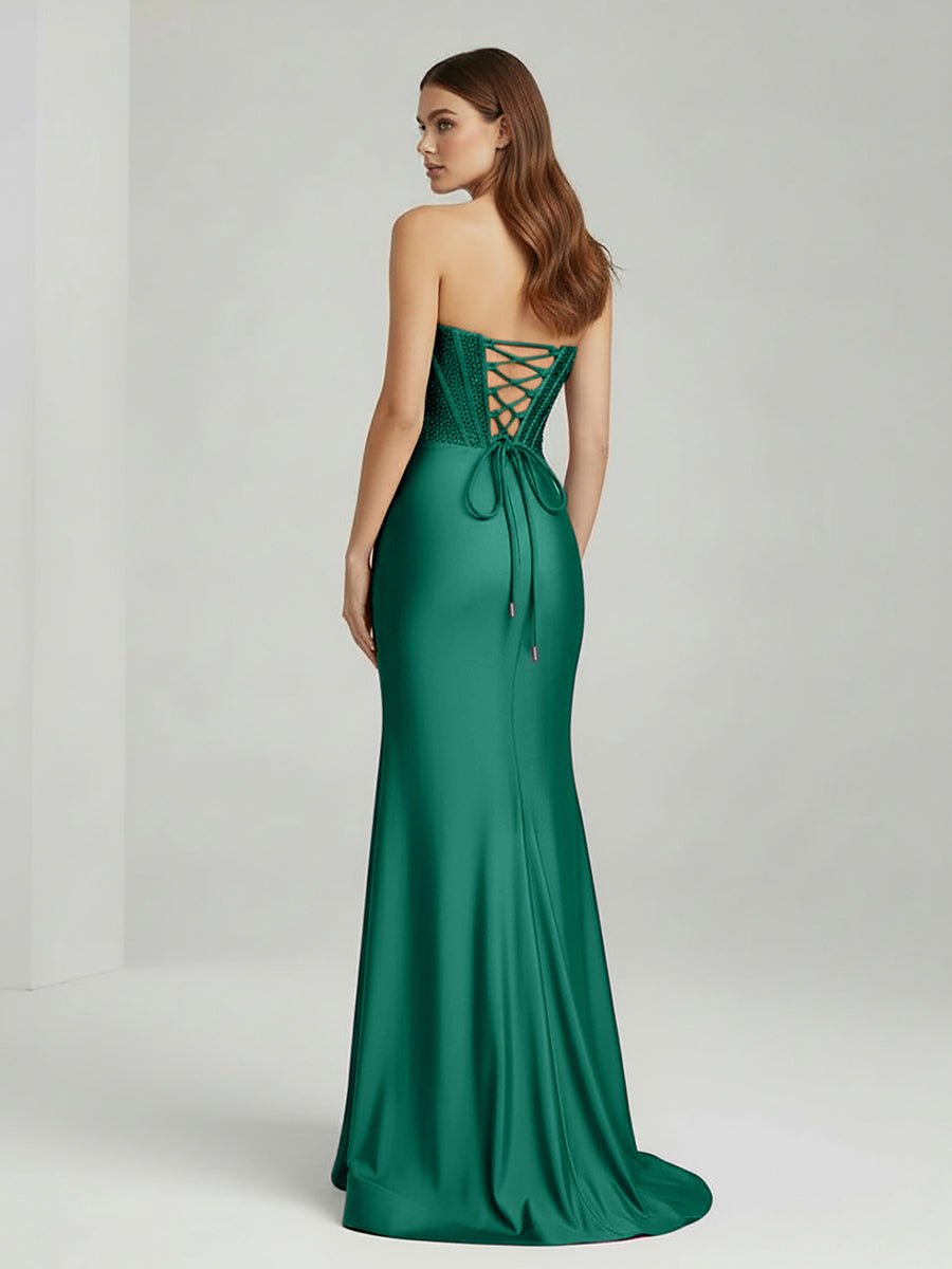 Chime | Green - Mermaid Strapless Satin Long Prom Dresses With Beading - KissProm