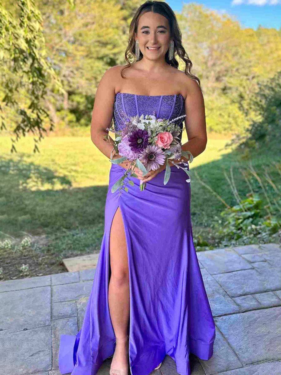 KissProm-Chime Purple Mermaid Strapless Satin Long Prom Dresses With Beading