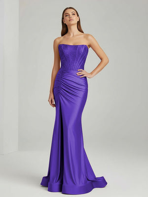 Chime | Purple - Mermaid Strapless Satin Long Prom Dresses With Beading - KissProm