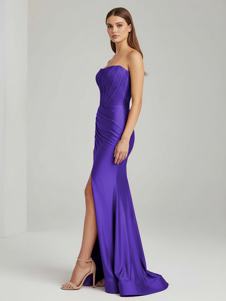 Chime | Purple - Mermaid Strapless Satin Long Prom Dresses With Beading - KissProm