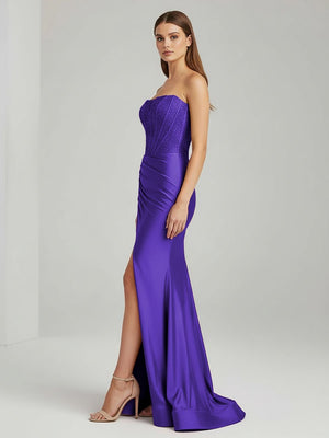 Chime | Purple - Mermaid Strapless Satin Long Prom Dresses With Beading - KissProm