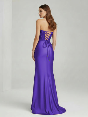 Chime | Purple - Mermaid Strapless Satin Long Prom Dresses With Beading - KissProm