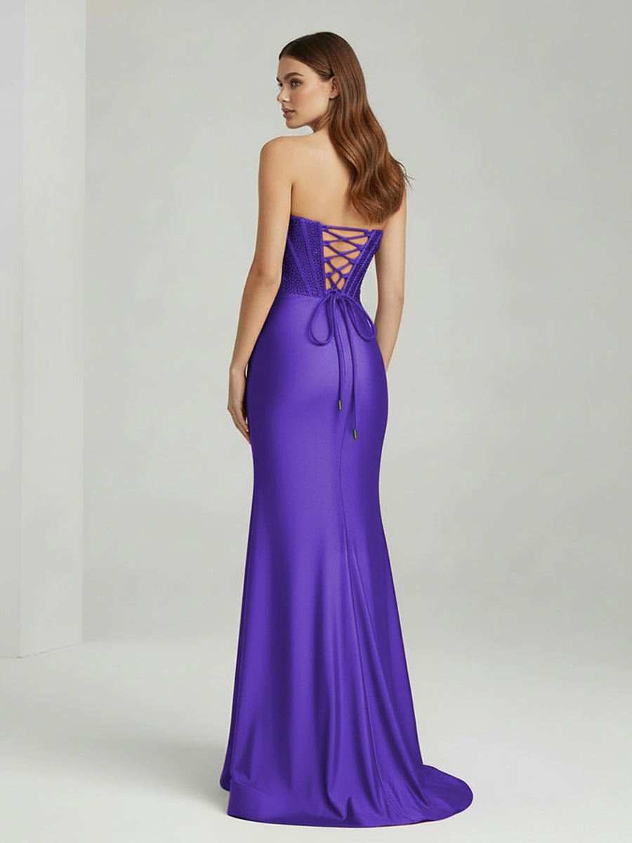 Chime | Purple - Mermaid Strapless Satin Long Prom Dresses With Beading - KissProm