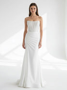 Chime | White Mermaid Strapless Satin Long Prom Dresses With Beading - KissProm