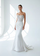 KissProm-Chime White Mermaid Strapless Satin Long Prom Dresses With Beading
