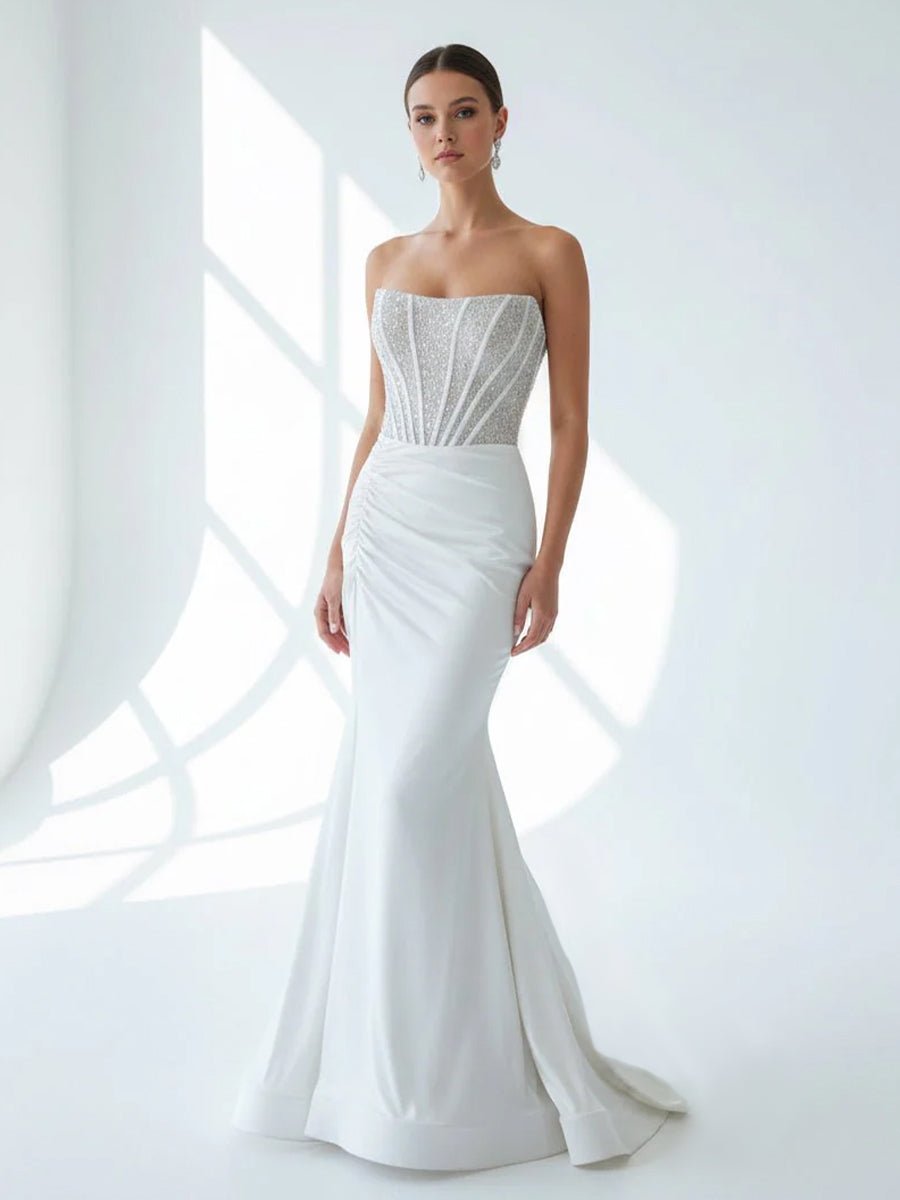 Chime | White Mermaid Strapless Satin Long Prom Dresses With Beading - KissProm