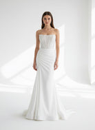 KissProm-Chime White Mermaid Strapless Satin Long Prom Dresses With Beading