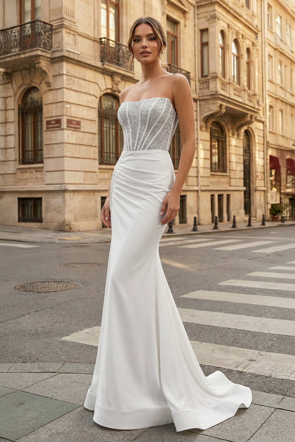 KissProm-White Mermaid Strapless Satin Long Prom Dresses With Beading