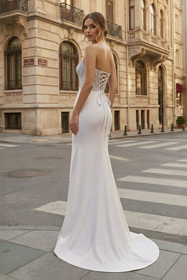 White Mermaid Strapless Satin Long Prom Dresses With Beading - KissProm