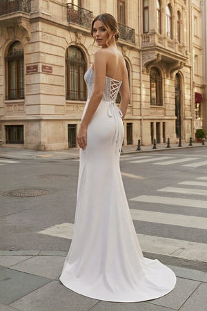 KissProm-White Mermaid Strapless Satin Long Prom Dresses With Beading