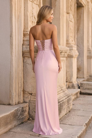 Ruched Strapless Pink Long Prom Dress - KissProm