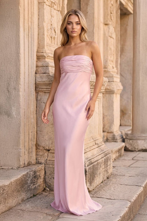 prom dresses ruched Ruched Strapless Pink Long Prom Dress, Pink / 10