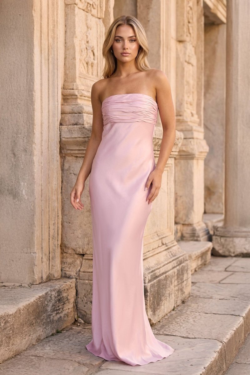 KissProm Ruched Strapless Pink Long Prom Dress, Pink / 10