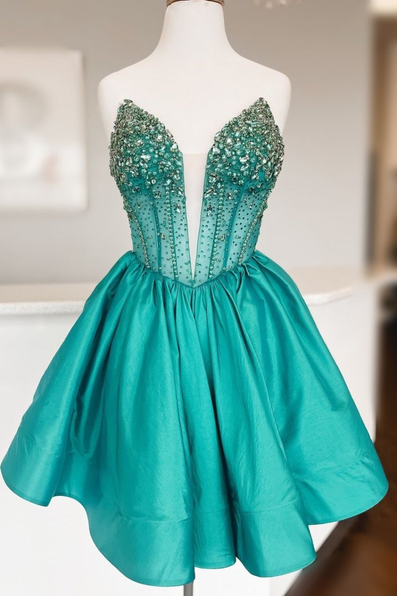 Cibrina | Green - V Neck A-line Short Homecoming Dress With Beadings