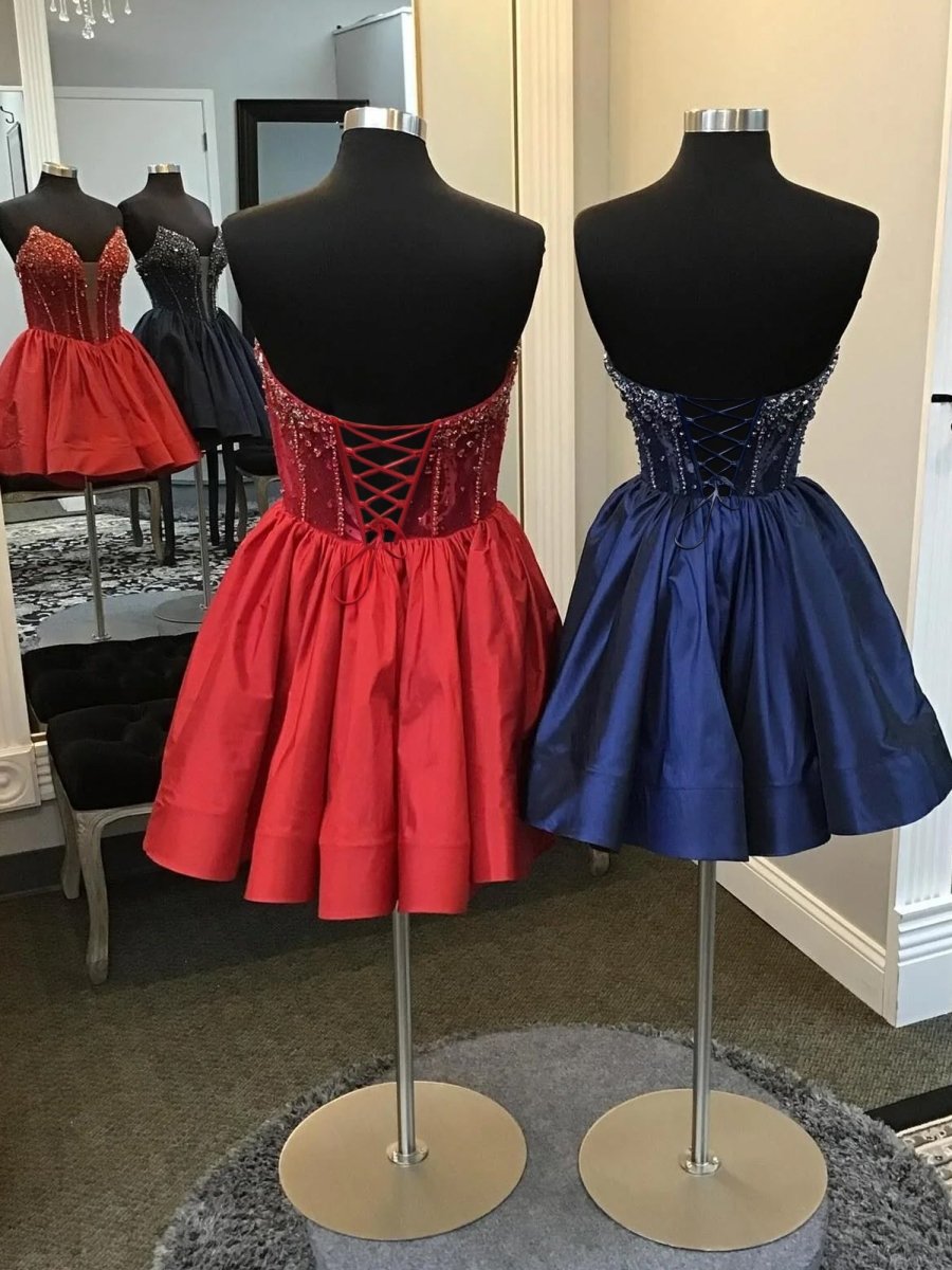 Cibrina | Navy Blue - V Neck A-line Short Homecoming Dress With Beadings