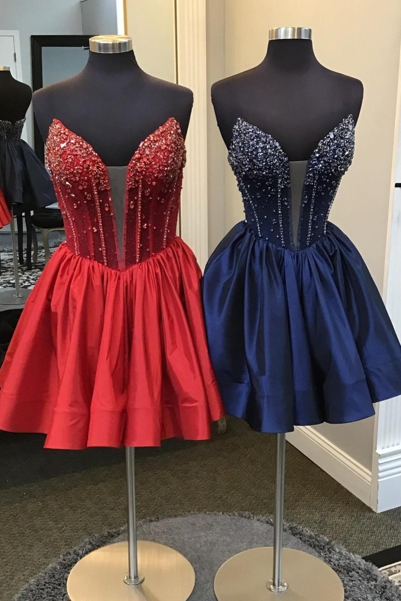 Cibrina | Red - V Neck A-line Short Homecoming Dress With Beadings