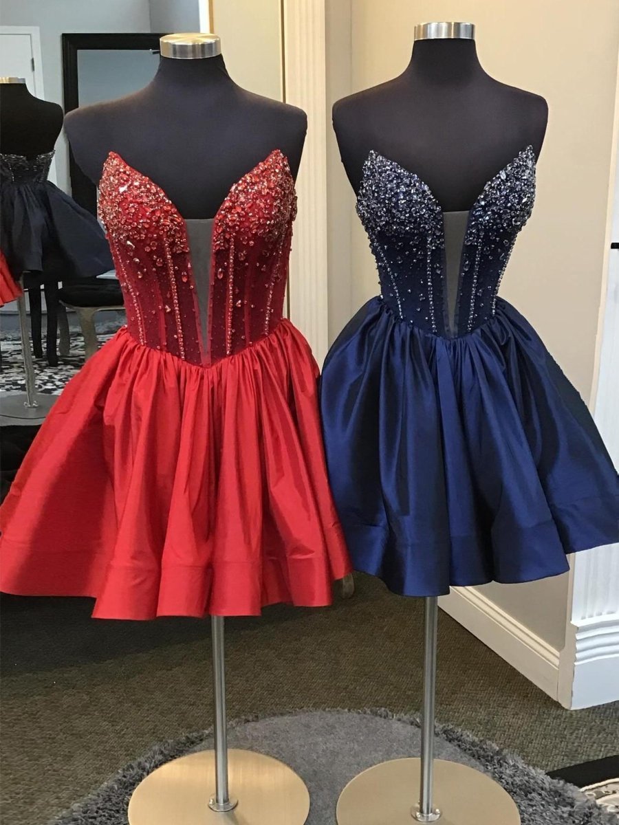 Cibrina | Navy Blue - V Neck A-line Short Homecoming Dress With Beadings