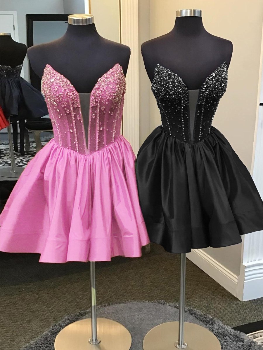 Cibrina | Pink - V Neck A-line Short Homecoming Dress With Beadings