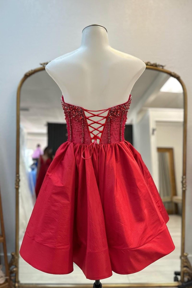 Cibrina | Red - V Neck A-line Short Homecoming Dress With Beadings