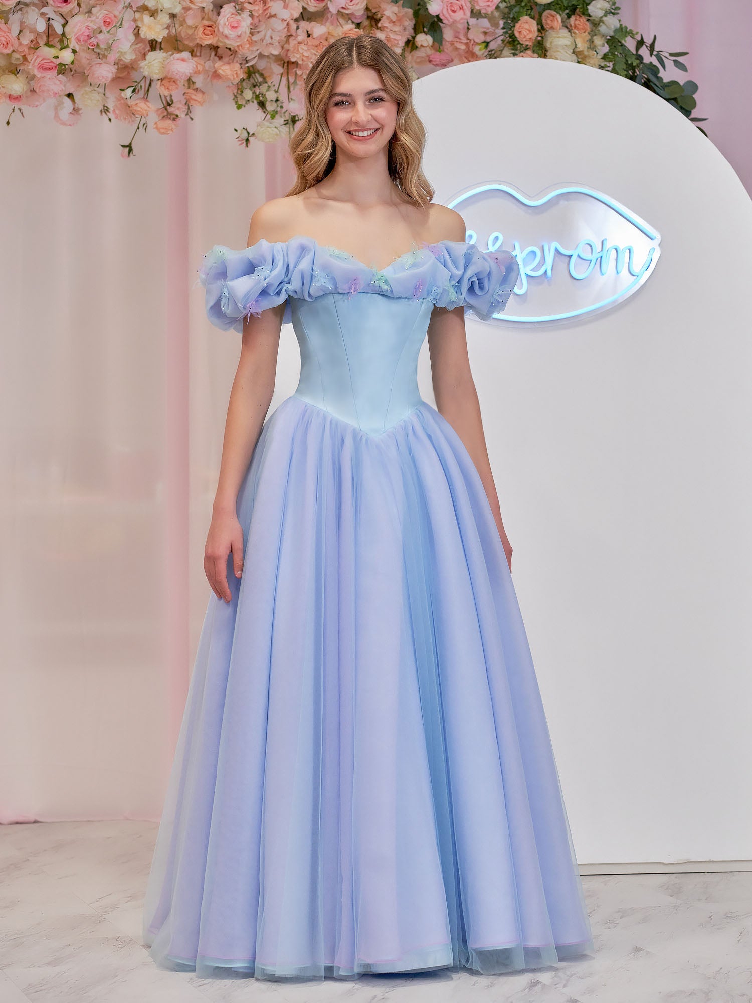 Isabel | Cinderella Blue Tulle Off the Shoulder With Crystals & Butterflies Ball Gown