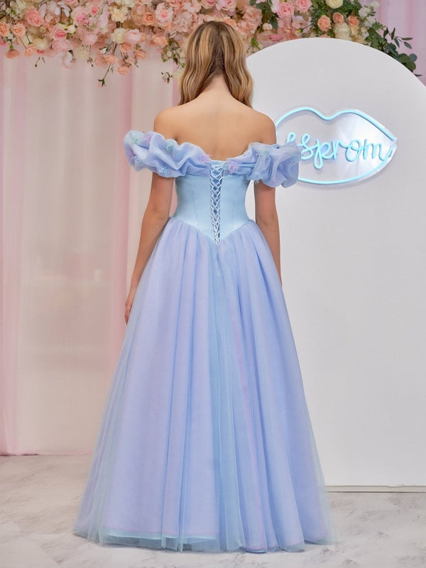 Isabel | Cinderella Blue Tulle Off the Shoulder With Crystals & Butterflies Ball Gown - KissProm