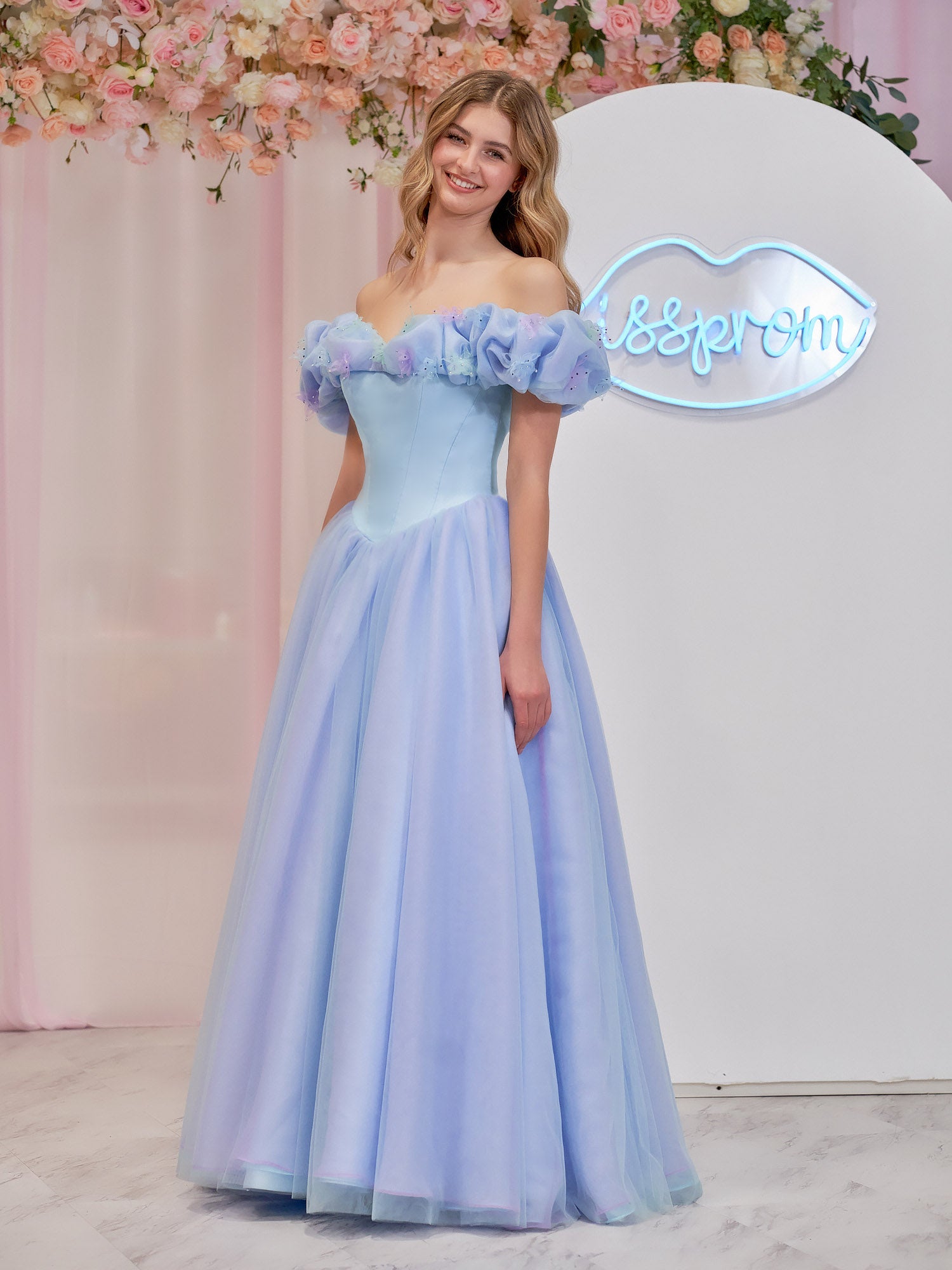 Isabel | Cinderella Blue Tulle Off the Shoulder With Crystals & Butterflies Ball Gown