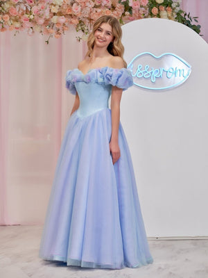 Isabel | Cinderella Blue Tulle Off the Shoulder With Crystals & Butterflies Ball Gown - KissProm