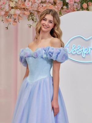 Isabel | Cinderella Blue Tulle Off the Shoulder With Crystals & Butterflies Ball Gown - KissProm