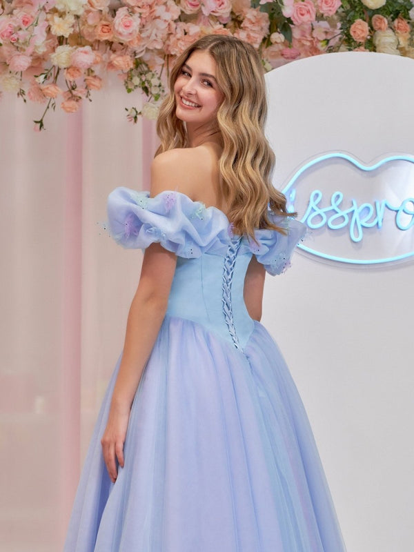 Isabel | Cinderella Blue Tulle Off the Shoulder With Crystals & Butterflies Ball Gown - KissProm