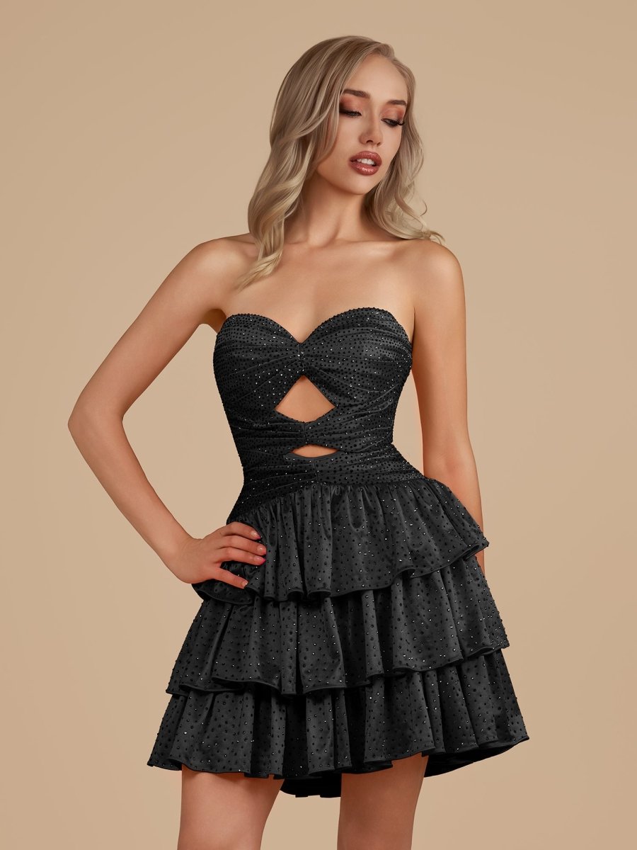 Cindra | Black - A Line Sweetheart Satin Cut Out Ruffled Homecoming Dress with Beads