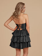 Cindra | Black - A Line Sweetheart Satin Cut Out Ruffled Homecoming Dress with Beads
