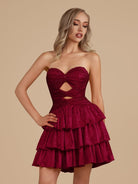 Cindra | Burgundy - A Line Sweetheart Satin Cut Out Ruffled Homecoming Dress with Beads