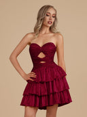 Cindra | Burgundy - A Line Sweetheart Satin Cut Out Ruffled Homecoming Dress with Beads