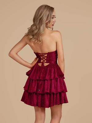Cindra | Burgundy - A Line Sweetheart Satin Cut Out Ruffled Homecoming Dress with Beads