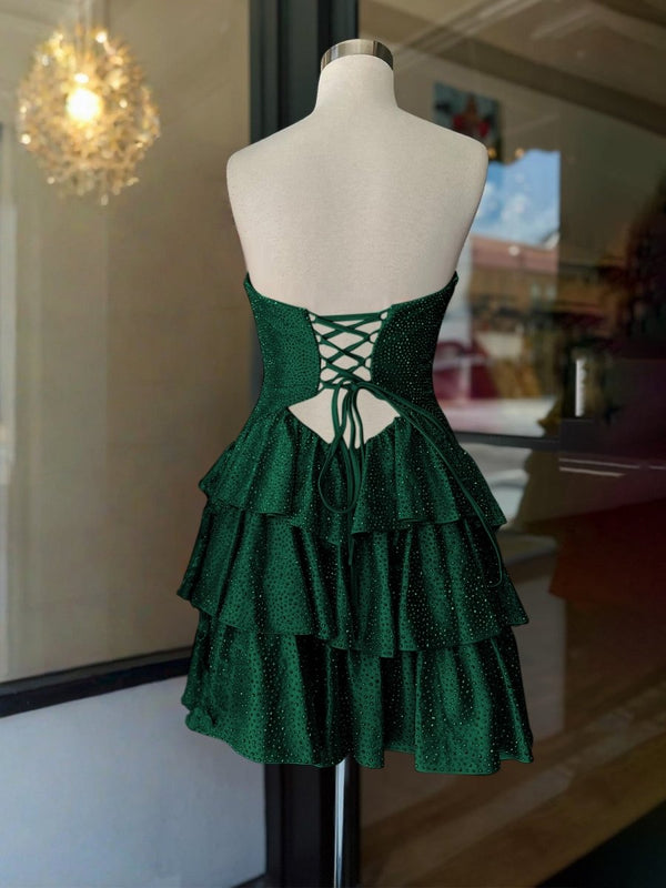 Cindra | Dark Green - A Line Sweetheart Satin Cut Out Ruffled Homecoming Dress with Beads
