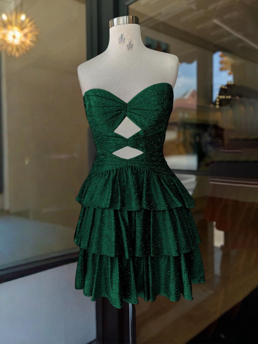 Cindra | Dark Green - A Line Sweetheart Satin Cut Out Ruffled Homecoming Dress with Beads