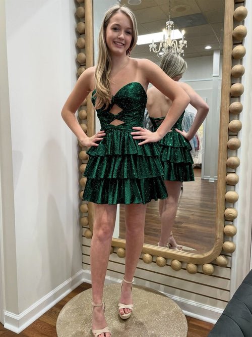 Cindra | Dark Green - A Line Sweetheart Satin Cut Out Ruffled Homecoming Dress with Beads
