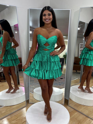 Cindra | Green - A Line Sweetheart Satin Cut Out Ruffled Homecoming Dress with Beads