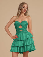 Cindra | Green - A Line Sweetheart Satin Cut Out Ruffled Homecoming Dress with Beads