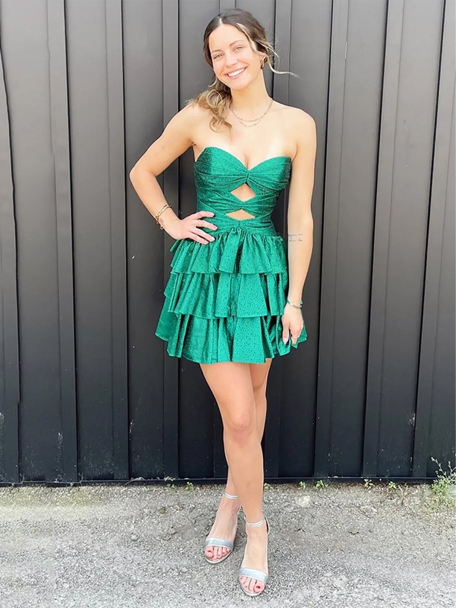 Cindra | Green - A Line Sweetheart Satin Cut Out Ruffled Homecoming Dress with Beads