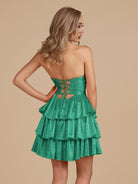 Cindra | Green - A Line Sweetheart Satin Cut Out Ruffled Homecoming Dress with Beads