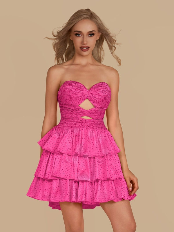Cindra | Hot Pink - A Line Sweetheart Satin Cut Out Ruffled Homecoming Dress with Beads